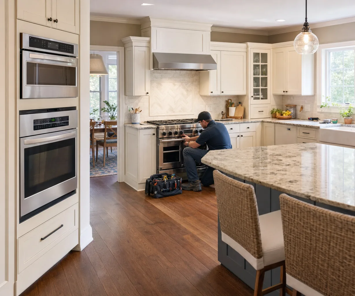A luxury kitchen with built-in stainless appliances up close